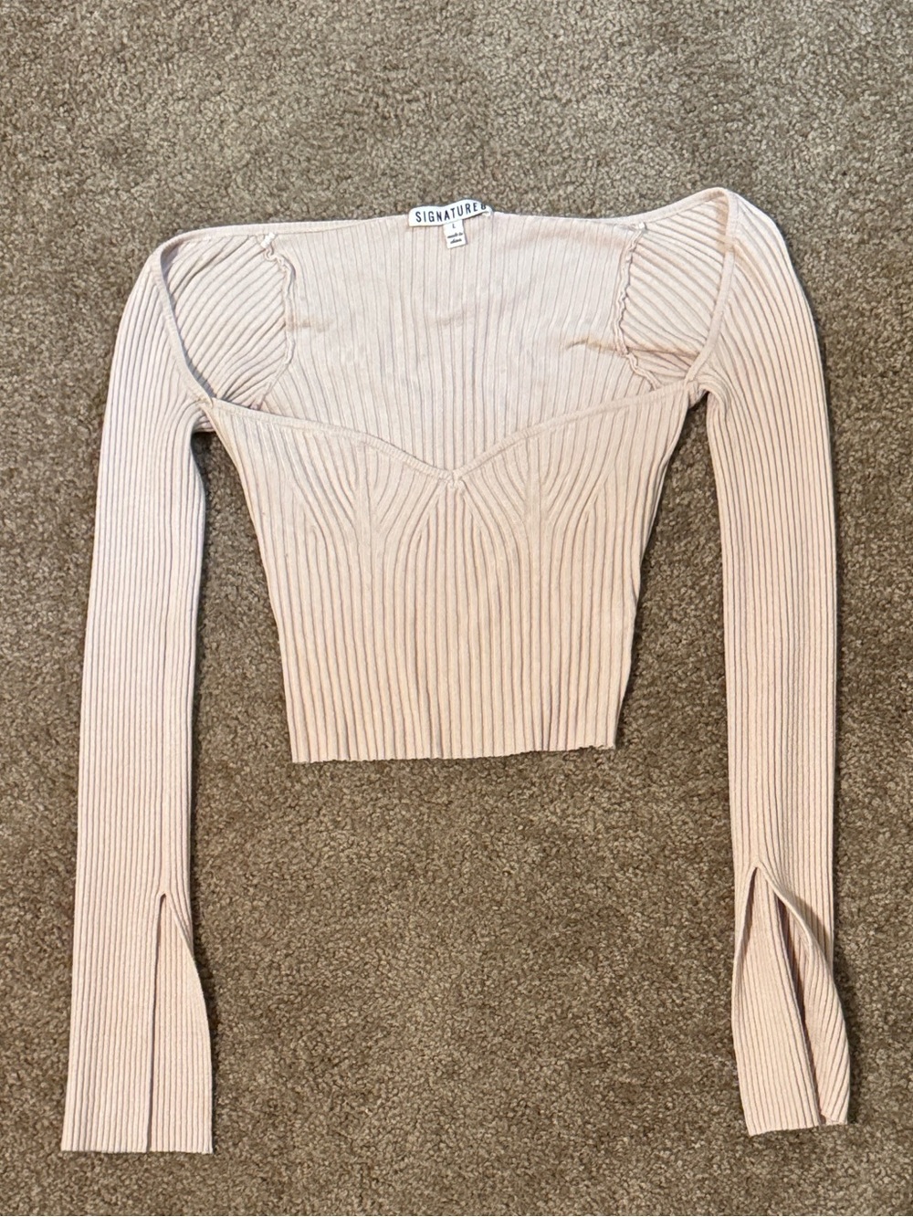 Princess Polly Beige Ribbed Sweetheart Long Sleeve Top